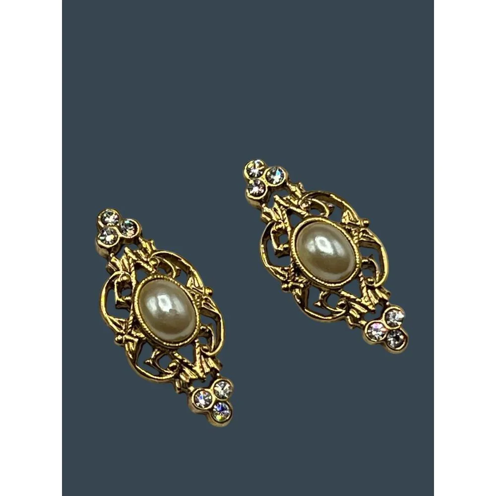 90s Gold-Tone & Pearl Earrings Set Rhinestones Floral Designs & Small Rose Pin - Picture 2 of 11